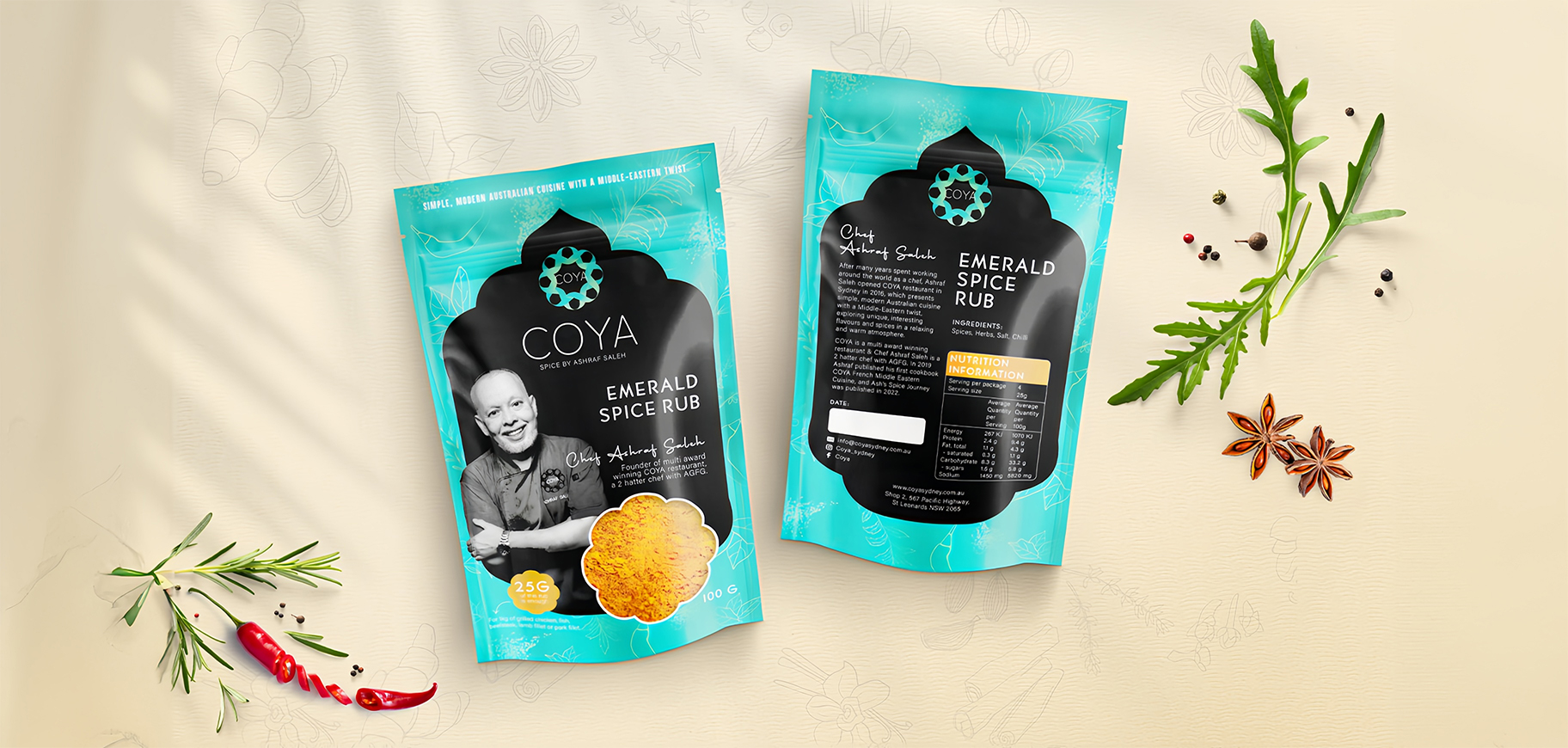 COYA Sydney restaurant spice packaging design by thirsty fox