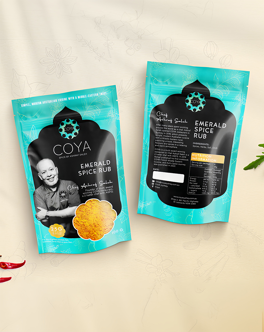 COYA Sydney restaurant spice packaging design by thirsty fox