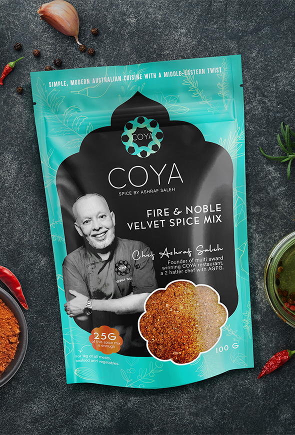 COYA Sydney restaurant spice packaging design by thirsty fox