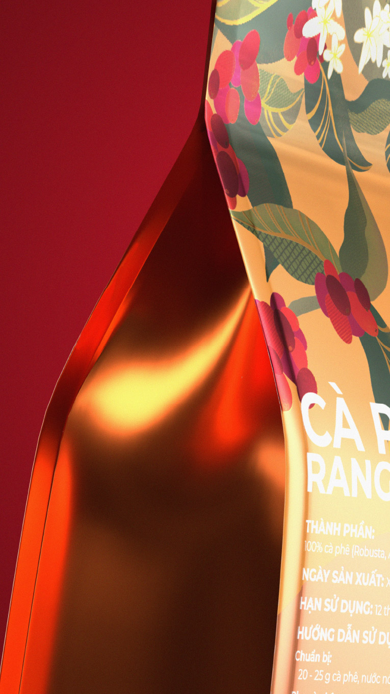 Bui Coffee Supply metallic coffee packaging illustration design by Thirsy Fox
