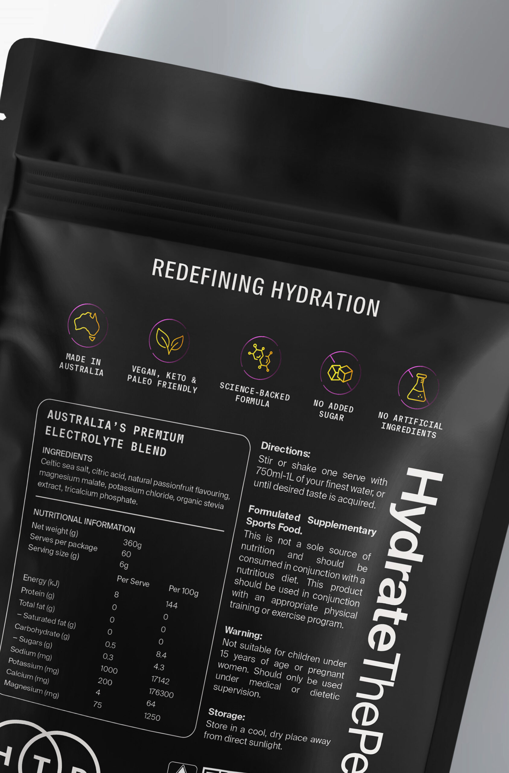 Hydrate the People premium electrolyte packaging designed by Thirsty Fox, Australia