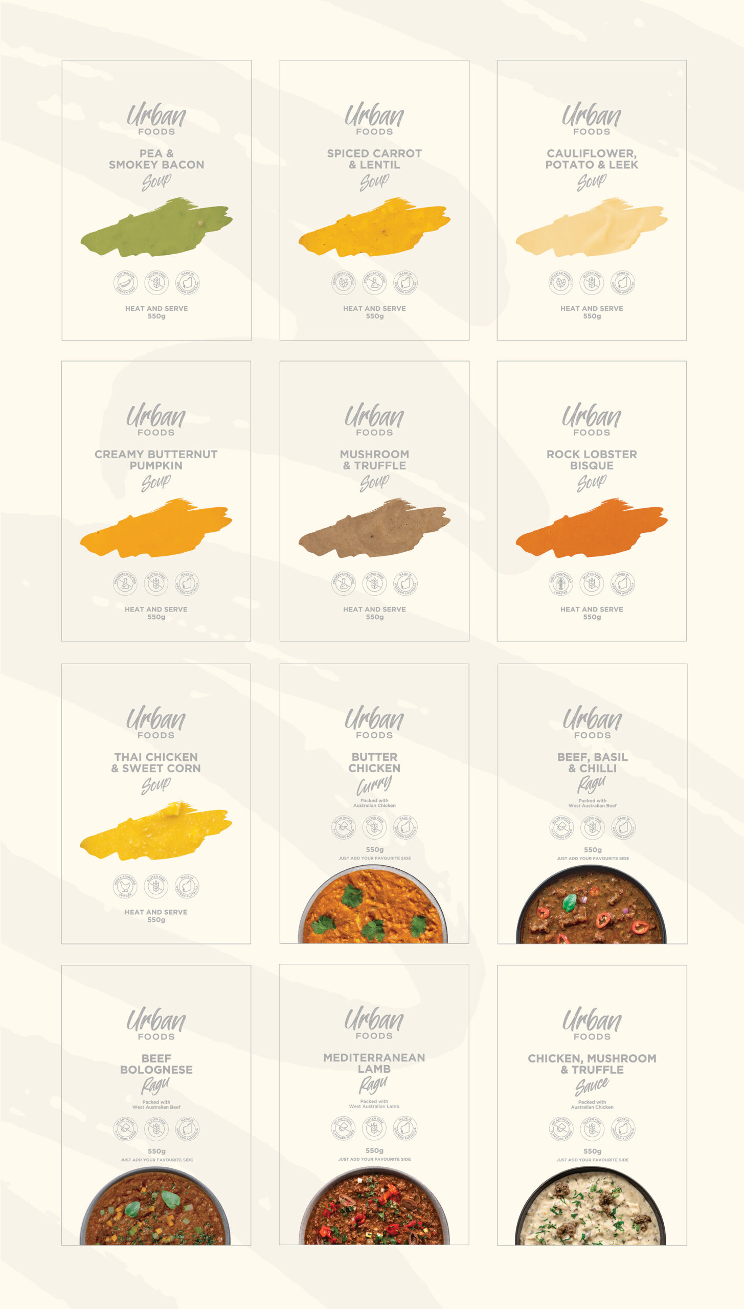 UrbanFoods soup and simmer sauce packaging design by Thirsty Fox for a food brand in Western Australia