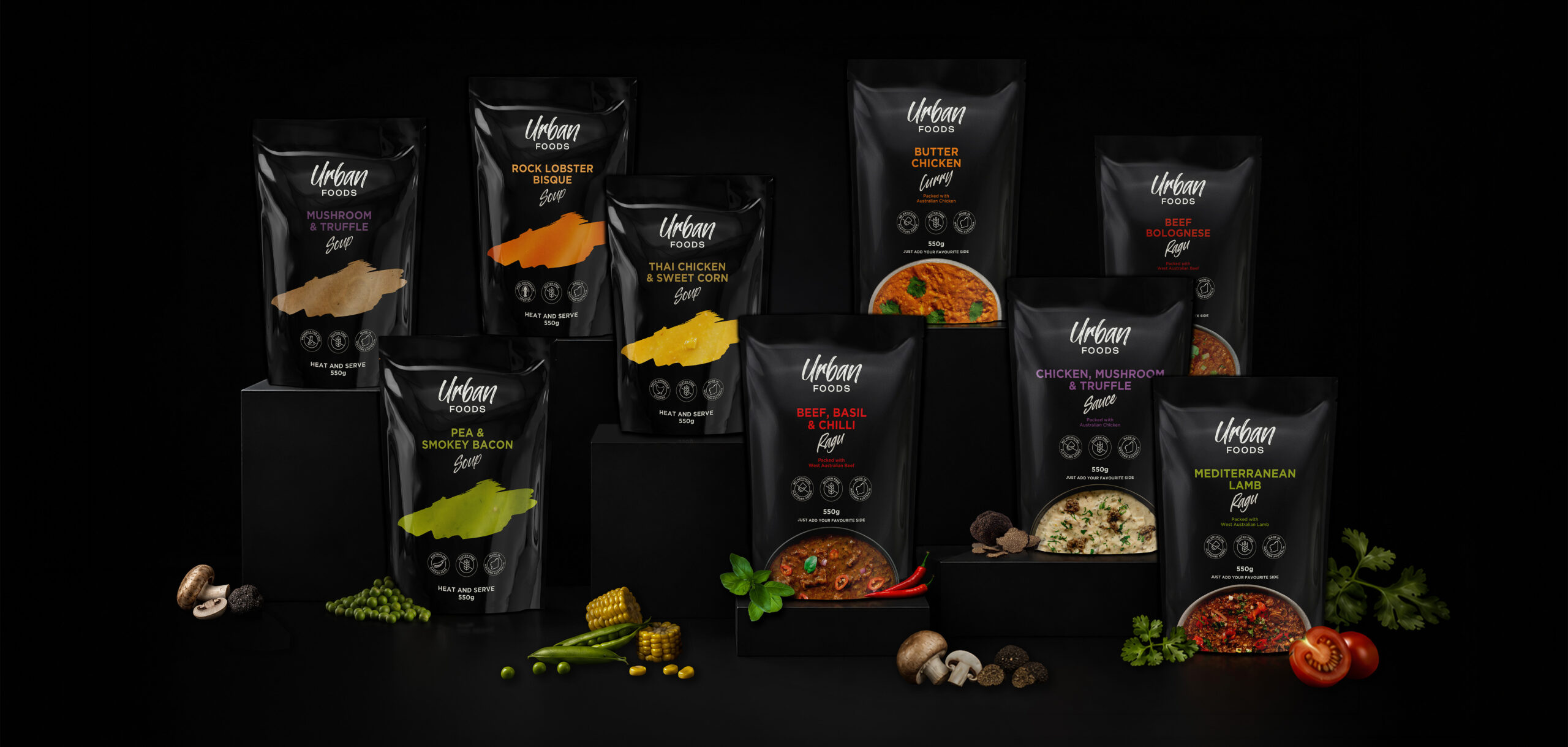 UrbanFoods soup and simmer sauce packaging design by Thirsty Fox for a food brand in Western Australia