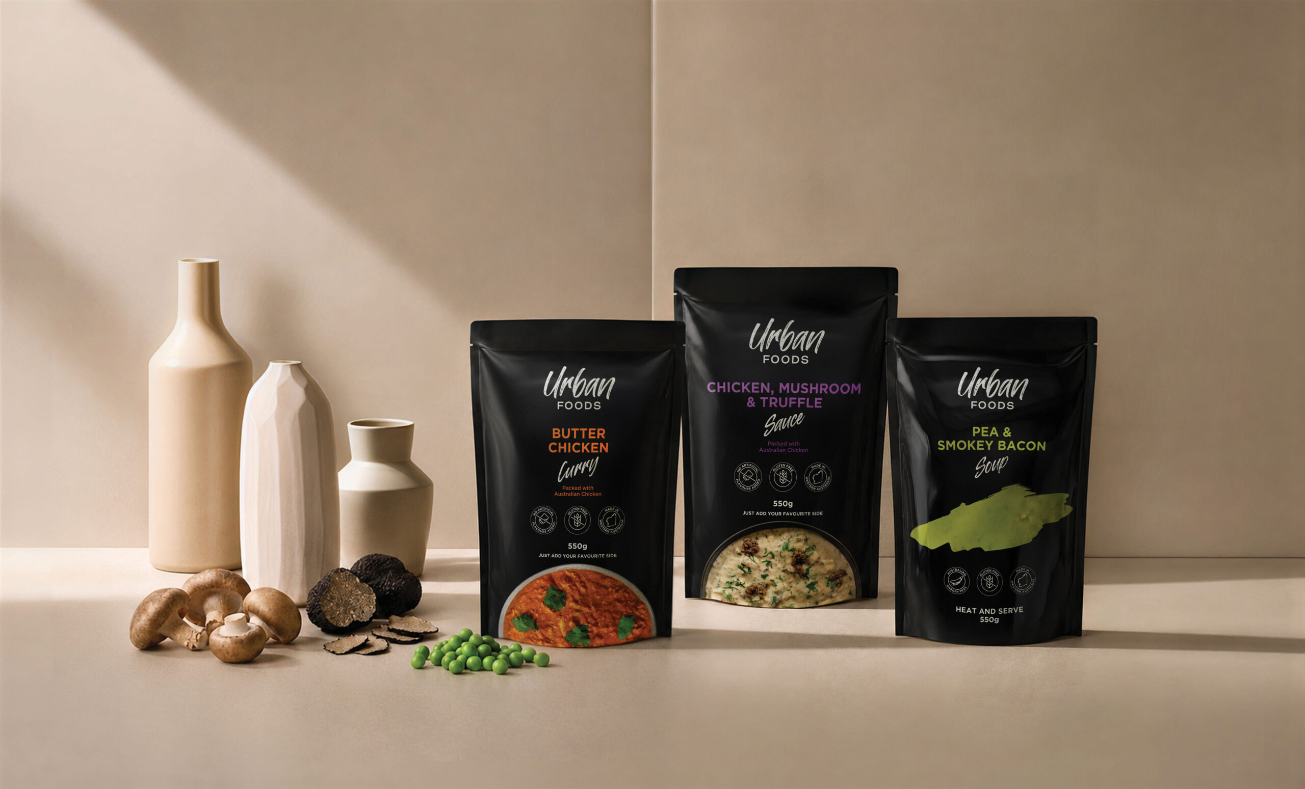 UrbanFoods soup and simmer sauce packaging design by Thirsty Fox for a food brand in Western Australia