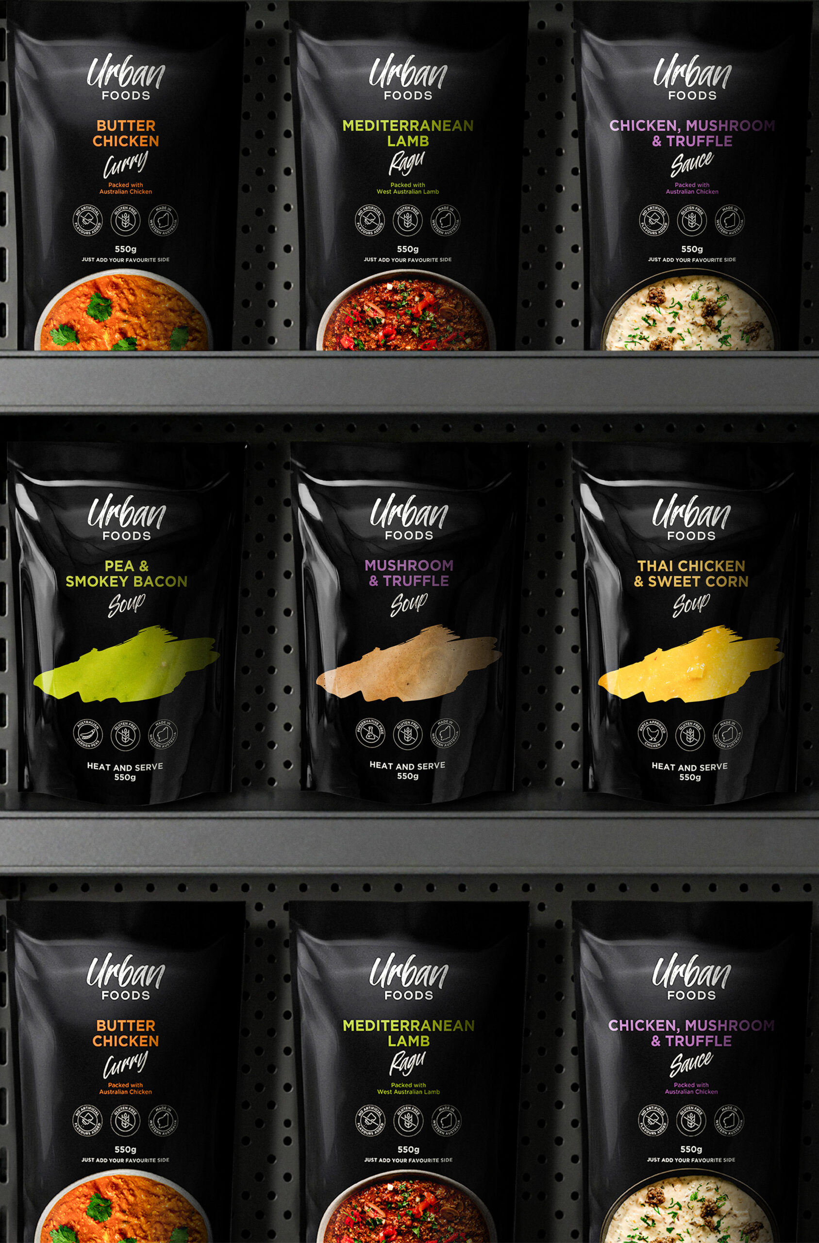 UrbanFoods soup and simmer sauce packaging design by Thirsty Fox for a food brand in Western Australia