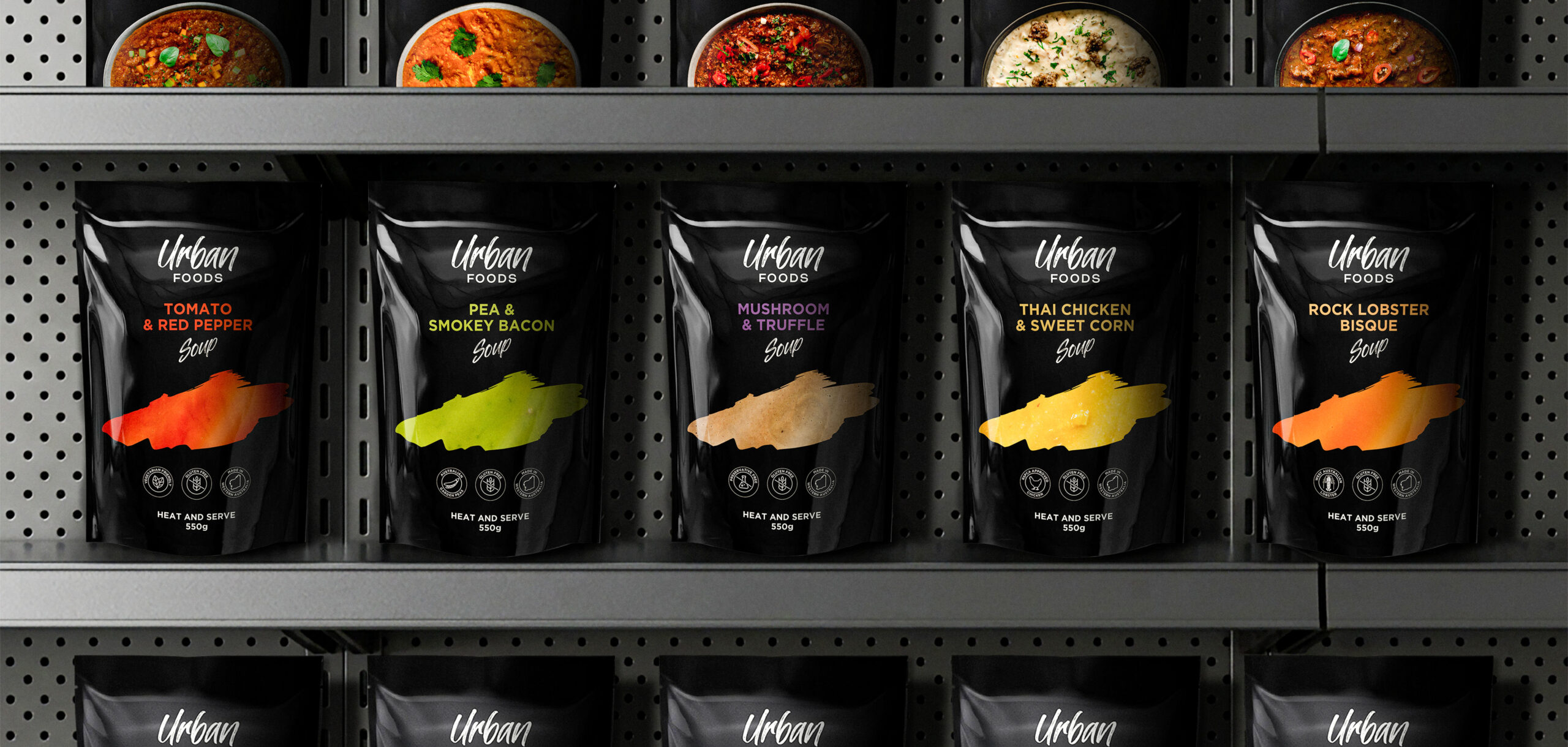 UrbanFoods soup and simmer sauce packaging design by Thirsty Fox for a food brand in Western Australia