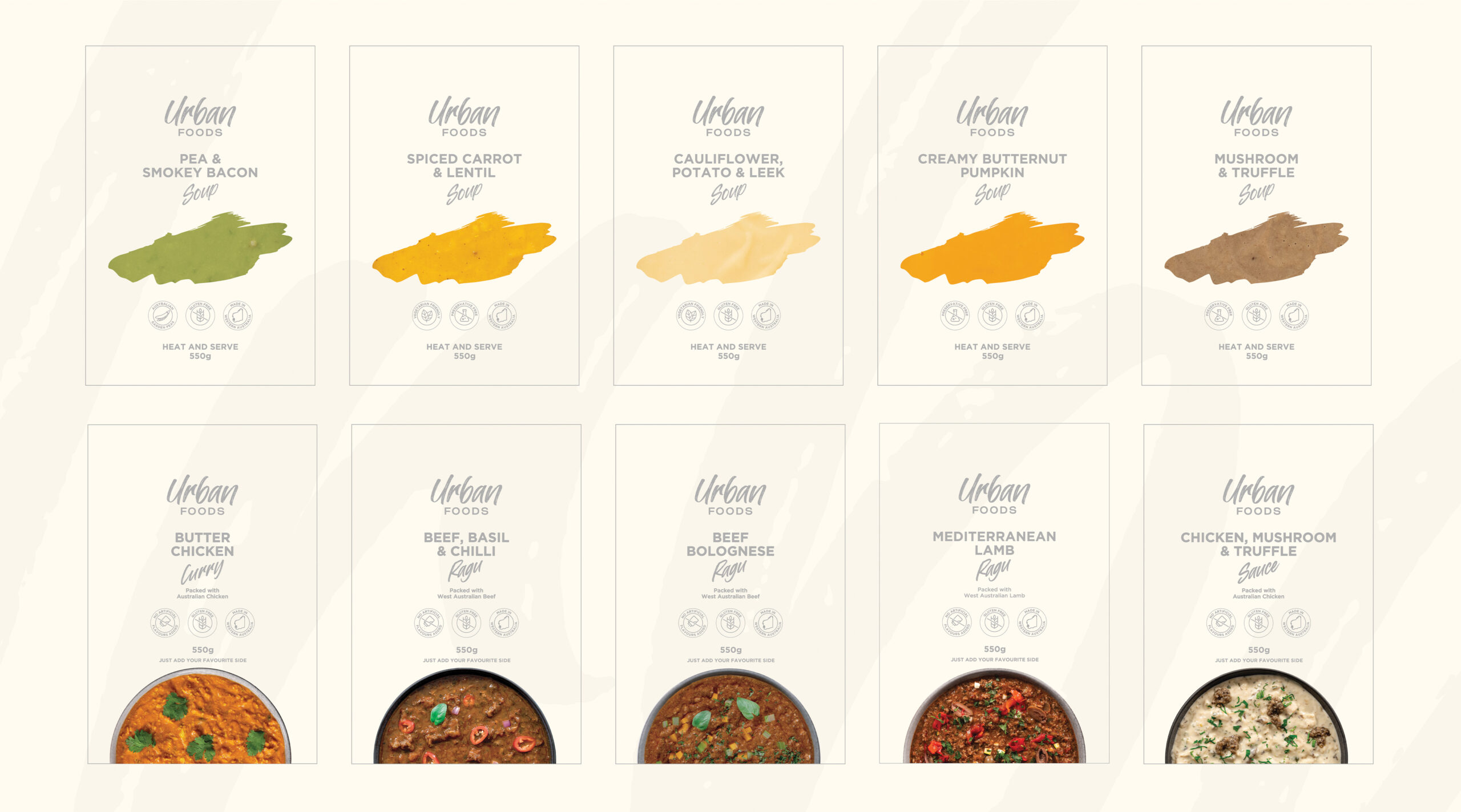 UrbanFoods soup and simmer sauce packaging design by Thirsty Fox for a food brand in Western Australia