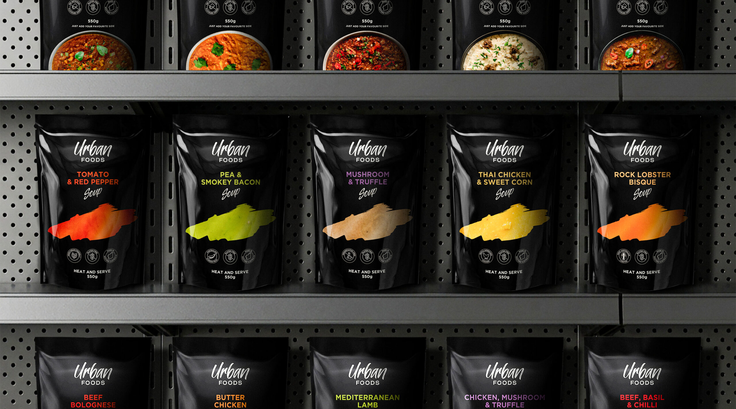 UrbanFoods soup and simmer sauce packaging design by Thirsty Fox for a food brand in Western Australia