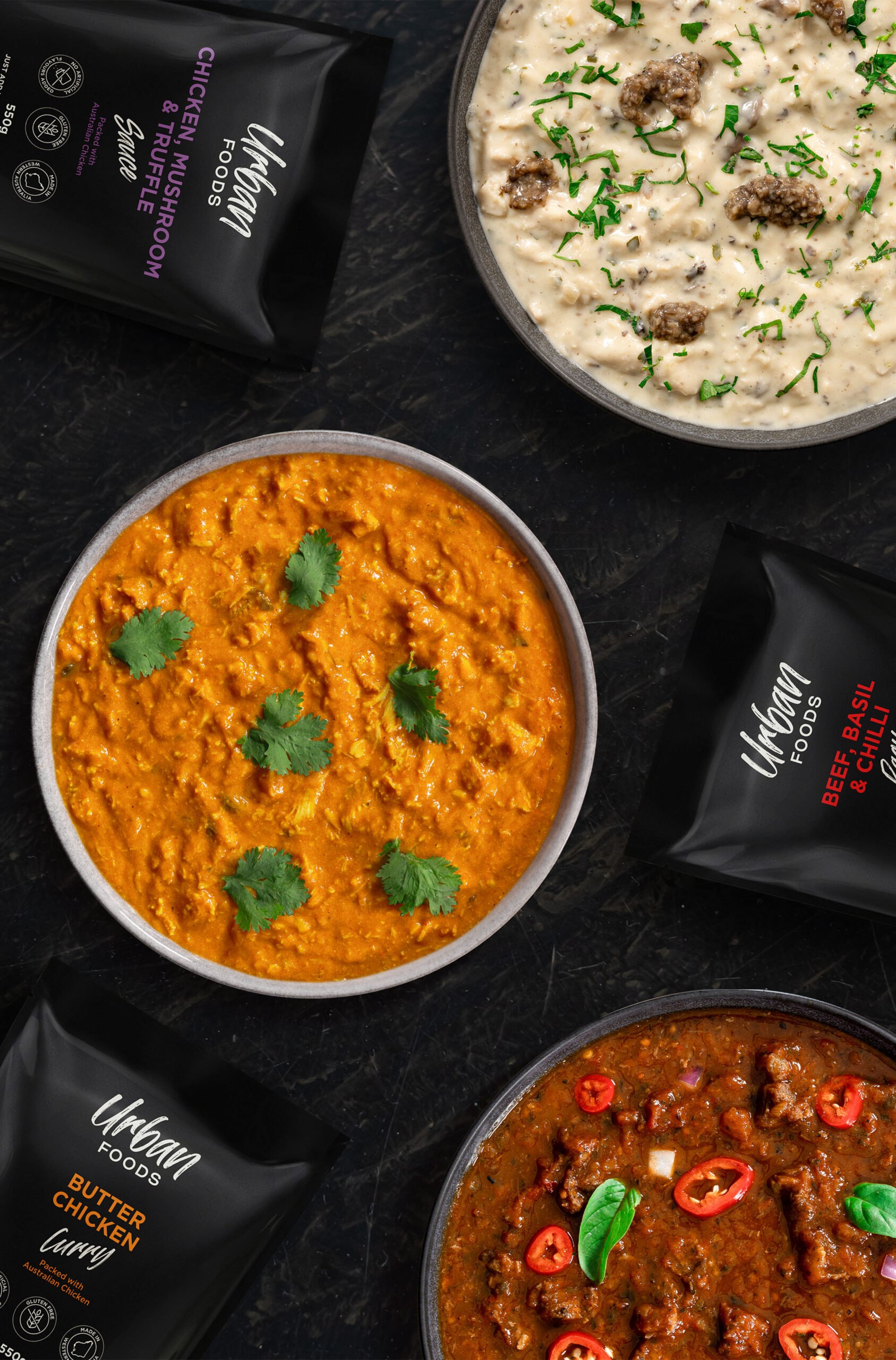 UrbanFoods soup and simmer sauce packaging design by Thirsty Fox for a food brand in Western Australia