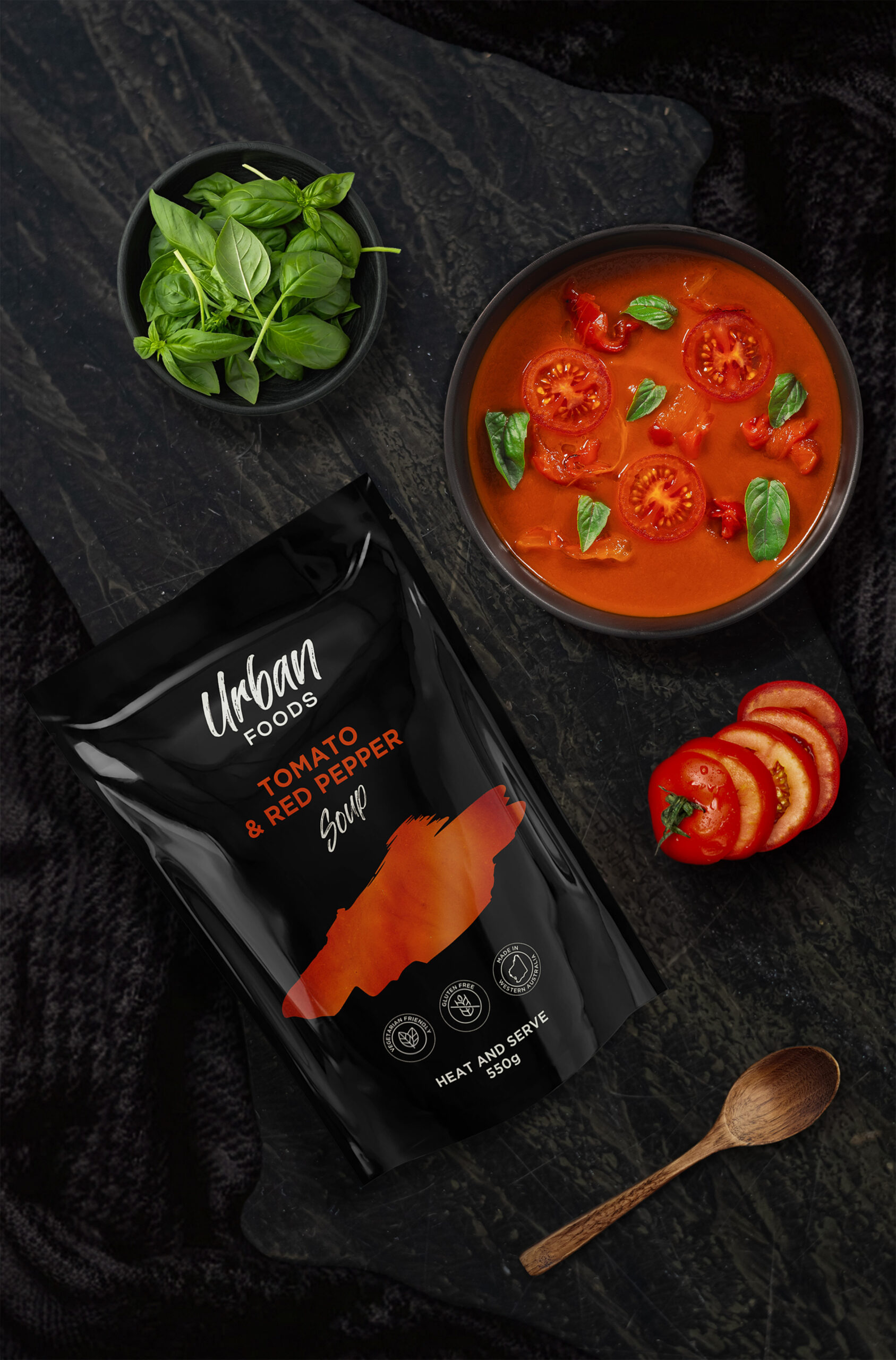 UrbanFoods soup and simmer sauce packaging design by Thirsty Fox for a food brand in Western Australia
