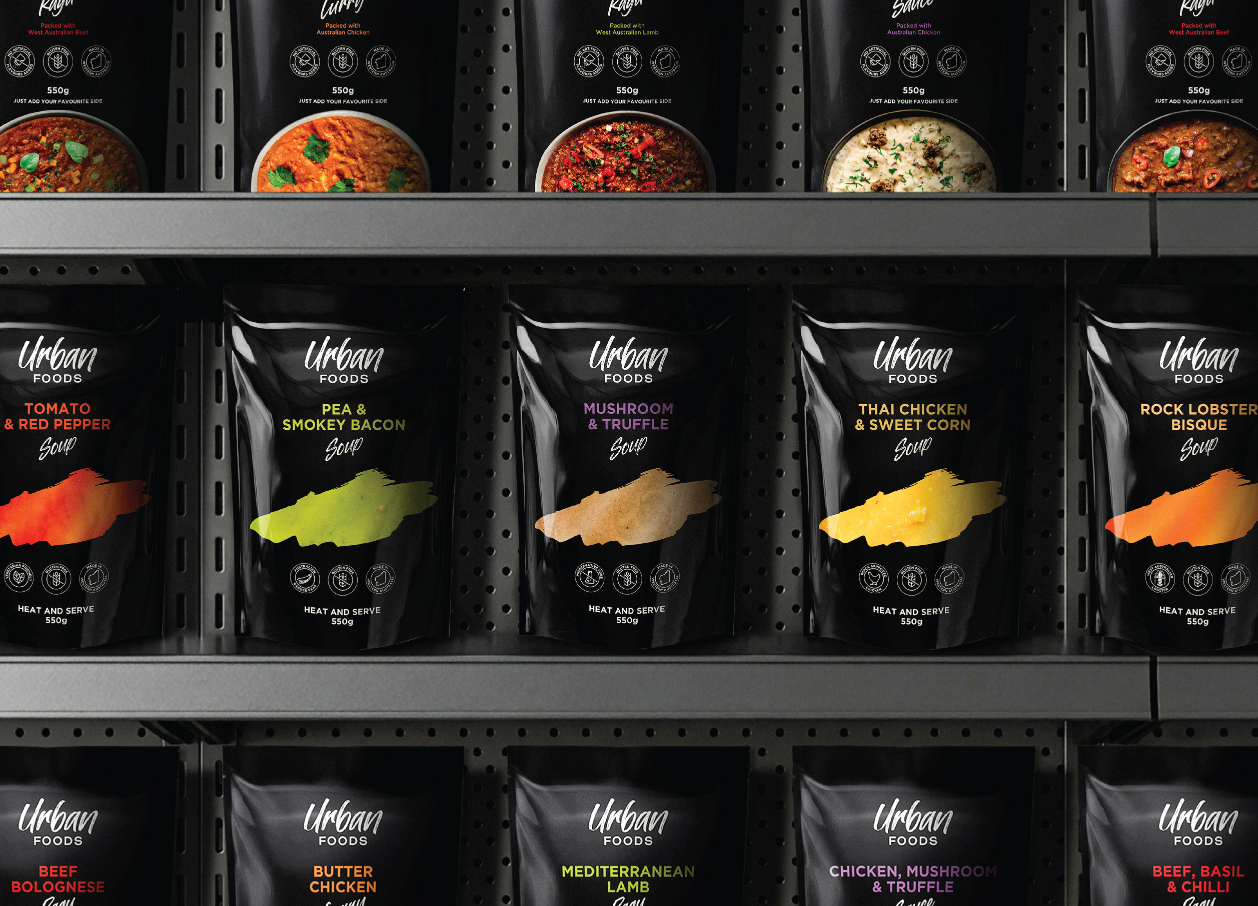 UrbanFoods soup and simmer sauce packaging design by Thirsty Fox for a food brand in Western Australia